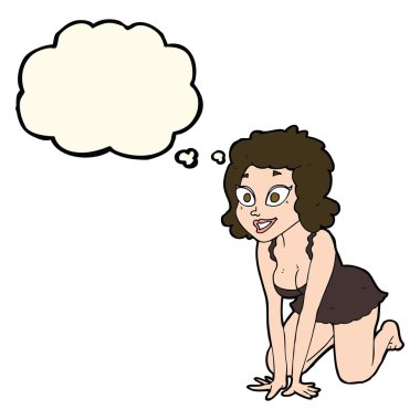 Düşünce baloncuklu komik seksi kadın.