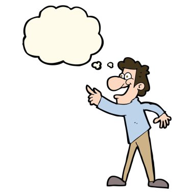 Çizgi film adamı düşünce balonuyla işaret edip gülüyor.