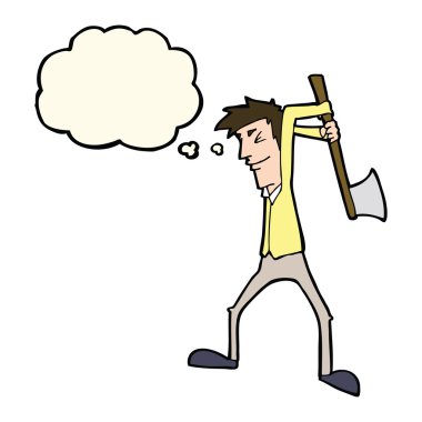 Düşünce baloncuğuyla balta sallayan çizgi film adamı.