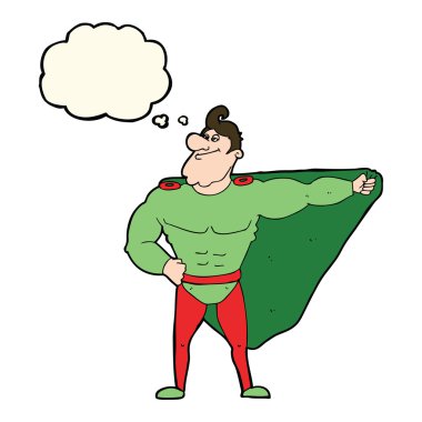 Düşünce baloncuğu olan komik bir süper kahraman.