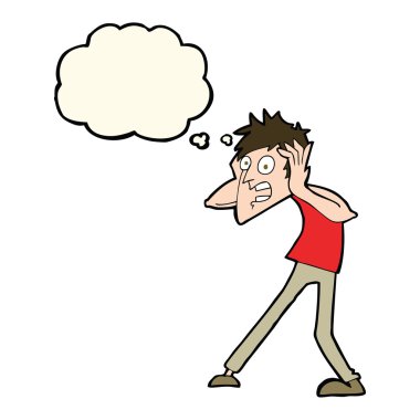 Düşünce baloncuğuyla panikleyen çizgi film adamı.