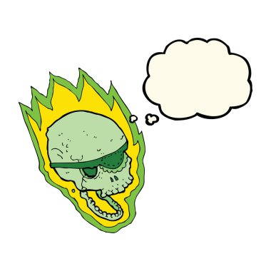 Düşünce baloncuklu yanan korsan kafatası