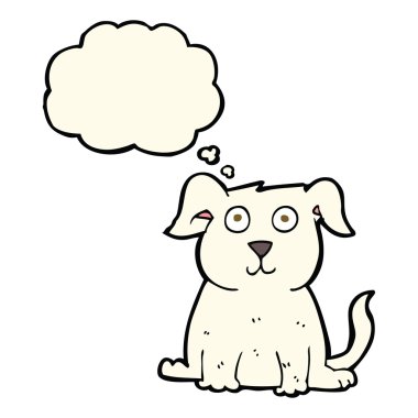 Düşünce baloncuklu mutlu bir köpek.