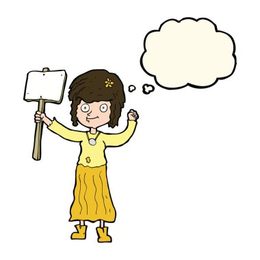 Karikatür hippi kız protesto işareti ve düşünce kabarcığı