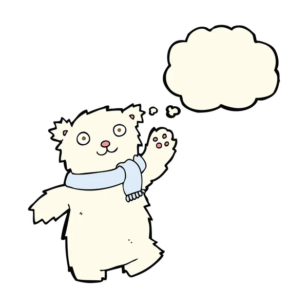 Urso de pelúcia dos desenhos animados usando cachecol com bolha de pensamento —  Vetores de Stock