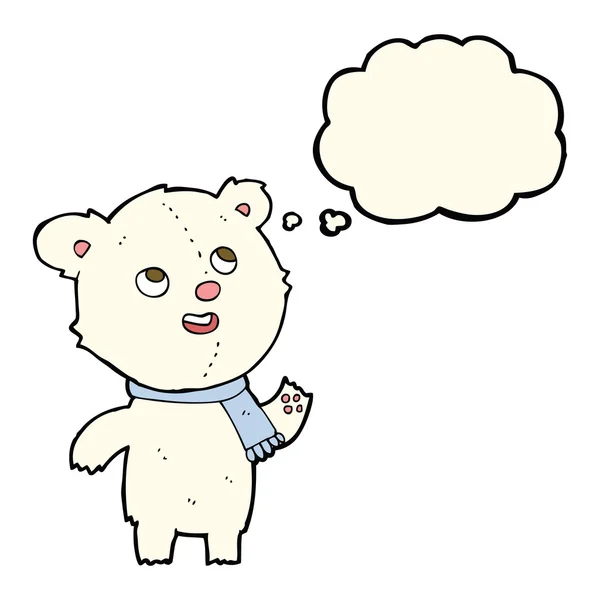 Мультяшний білий ведмідь у шарфі з мисленням бульбашки — стоковий вектор