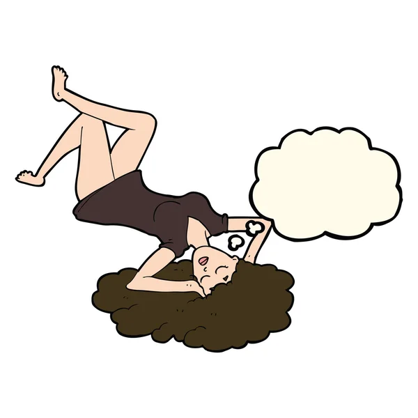 Mujer de dibujos animados acostada en el suelo con burbuja de pensamiento — Vector de stock