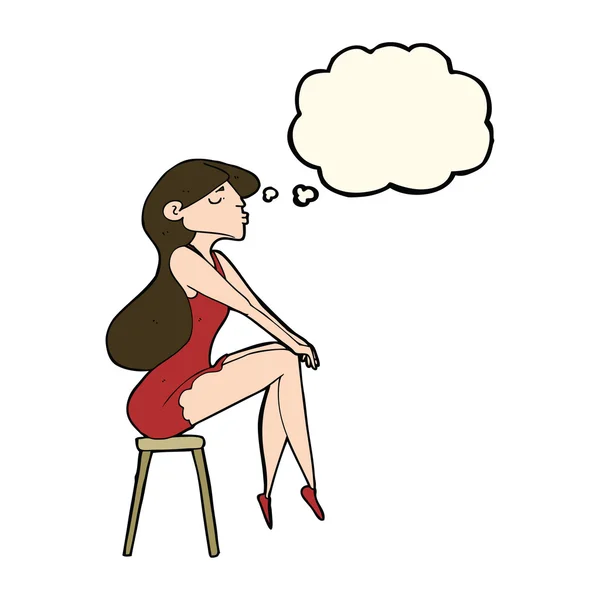 Cartoon woman sitting on stool with thought bubble — Stock Vector