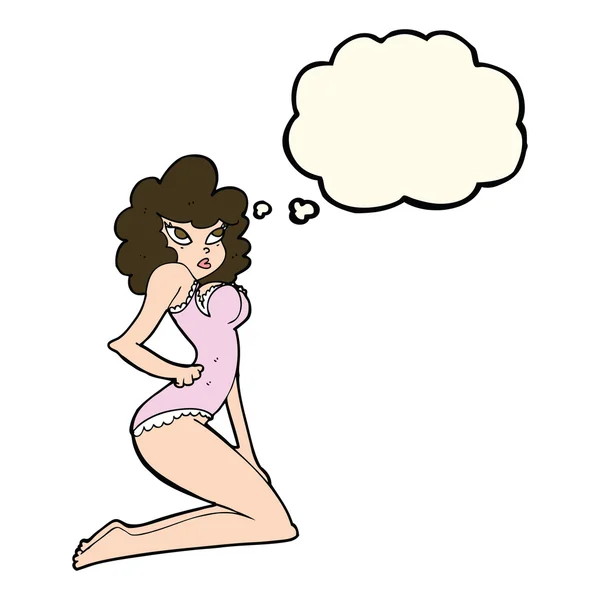 Cartone animato pin-up donna con bolla di pensiero — Vettoriale Stock