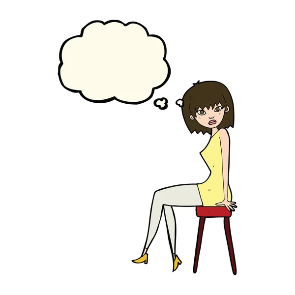Tecknad kvinna sitter på avföring med tanke bubbla — Stock vektor