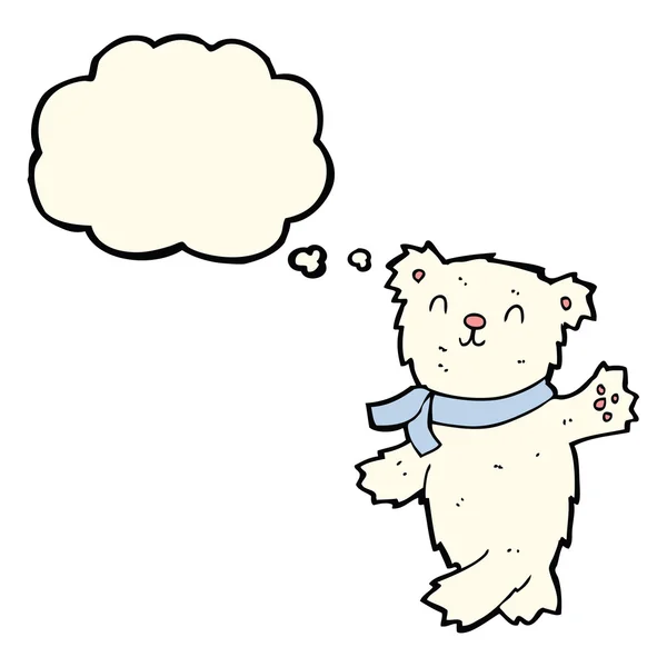 Dibujos animados ondeando oso polar de peluche con burbuja de pensamiento — Vector de stock