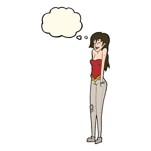 Cartoon mooi vrouw shrugging schouders met gedachte zeepbel — Stockvector