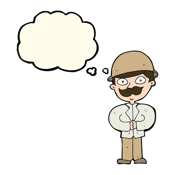 Cartoon man in safari hat with thought bubble — Stock Vector