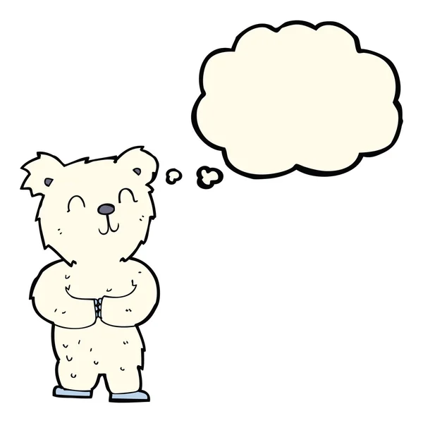 Desenho animado pequeno urso polar feliz com bolha de pensamento —  Vetores de Stock