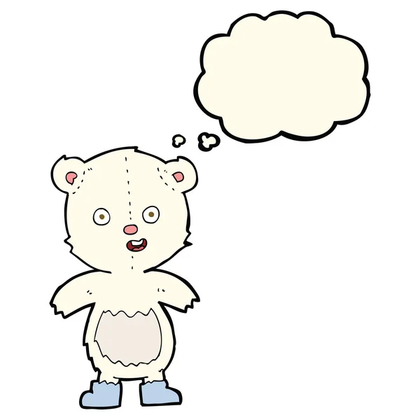 Urso de pelúcia feliz desenhos animados em botas com bolha de pensamento —  Vetores de Stock