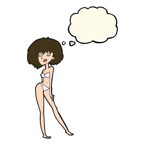 Mujer de dibujos animados en bikini con burbuja de pensamiento — Vector de stock