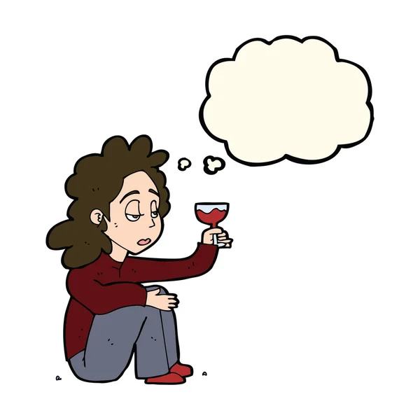 Cartoon ongelukkige vrouw met glas wijn met gedachte zeepbel — Stockvector
