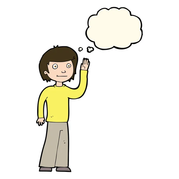Cartoon freundlicher Junge winkt mit Gedankenblase — Stockvektor