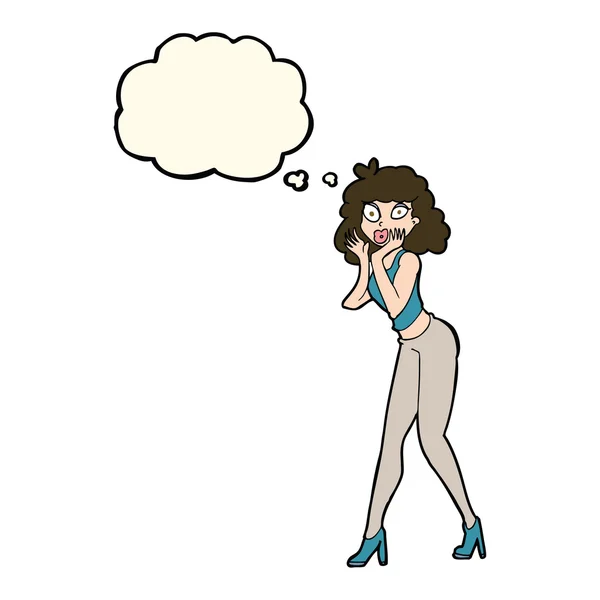 Cartoon verrast vrouw met gedachte zeepbel — Stockvector