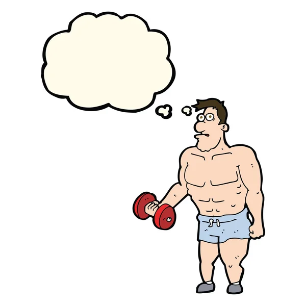 Hombre de dibujos animados levantando pesas con burbuja de pensamiento — Vector de stock