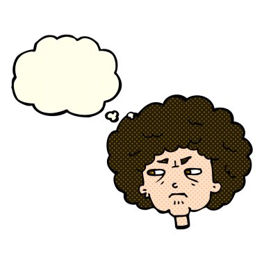 Düşünce baloncuğu olan huysuz yaşlı kadın.