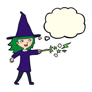 çizgi film cadısı kız düşünce baloncuğuyla büyü yapıyor.