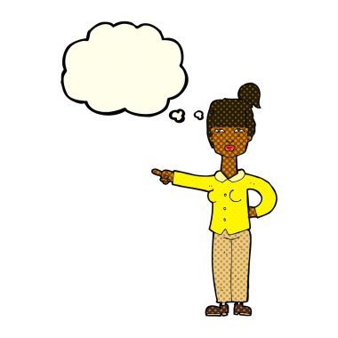 Çizgi film kadını düşünce balonunu işaret ediyor.