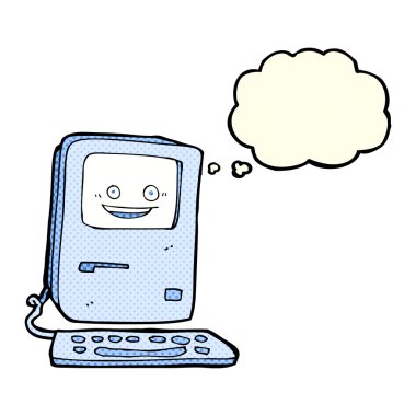 Düşünce baloncuklu eski bilgisayar