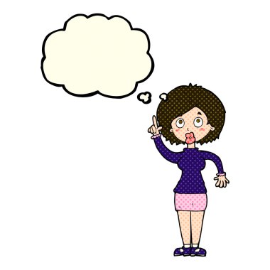 Düşünce baloncuğu olan çizgi film kadını.