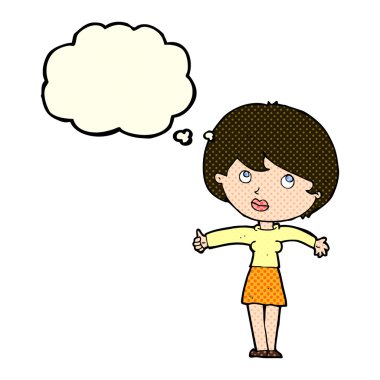 Çizgi filmdeki kadın düşünce baloncuğuyla başparmak işareti yapıyor.