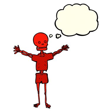 Düşünce baloncuklu kıyafet içinde bir karikatür iskeleti