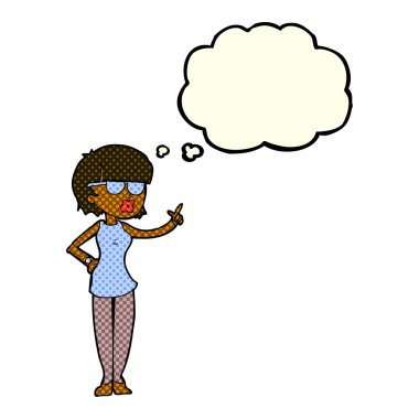 Düşünce baloncuklu gözlük takan çizgi film kadını.