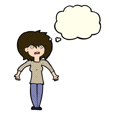 Çizgi filmdeki kadın düşünce balonuyla omuz silkiyor.