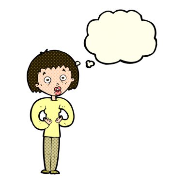 Düşünce baloncuğuyla kendine hareket eden çizgi filmci kadın.