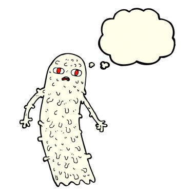 Düşünce baloncuklu hayaletli karikatür.