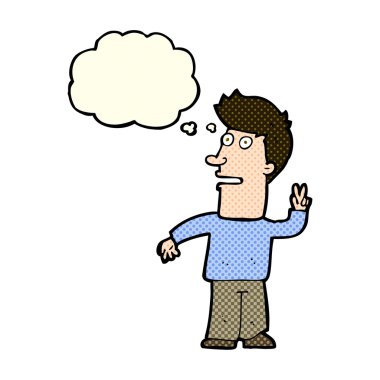 Çizgi film adamı düşünce balonuyla barış işareti yapıyor.