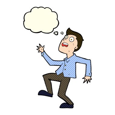 Düşünce baloncuğuyla panikleyen çizgi film adamı.