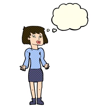 Çizgi filmdeki kadın düşünce balonuyla omuz silkiyor.