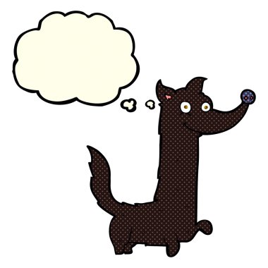 Düşünce baloncuklu mutlu bir köpek.