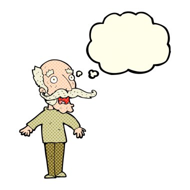 Karikatür ihtiyarı şaşkınlık içinde düşünce baloncuğuna boğuyor.