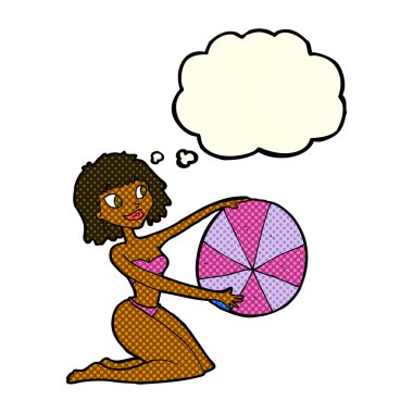 Düşünce balonlu plaj topu olan bikinili kız.