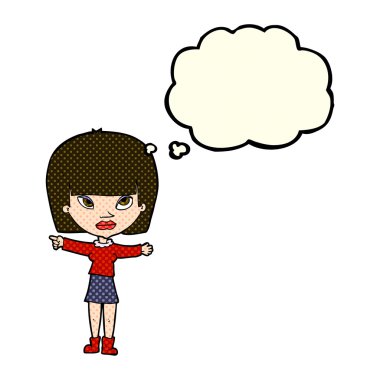 Çizgi film kadını düşünce balonunu işaret ediyor.