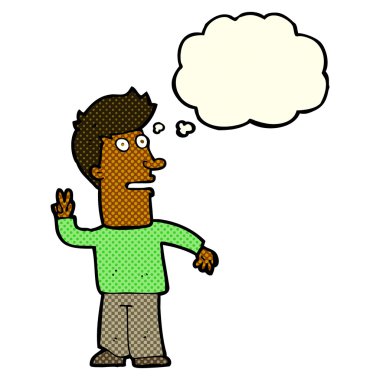 Çizgi film adamı düşünce balonuyla barış işareti yapıyor.