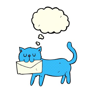Düşünce baloncuklu mektup taşıyan çizgi film kedisi.