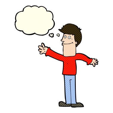 çizgi film mutlu adam düşünce baloncuğuyla el sallıyor