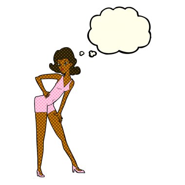 Karikatür mankeni kadın düşünce baloncuğu ile poz