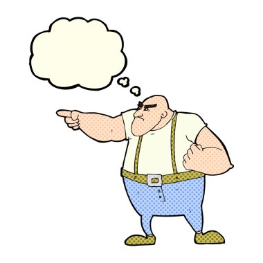 Karikatür kızgın sert adam düşünce balonunu işaret ediyor.