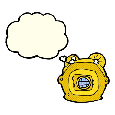 Düşünce baloncuklu eski bir derin deniz dalgıcı kaskı.