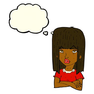 Düşünce baloncuğuyla kollarını kavuşturmuş çizgi film kızı.