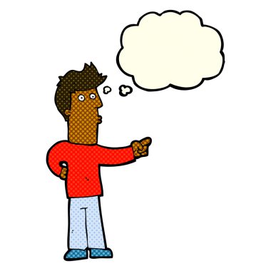 Çizgi film adamı düşünce balonunu işaret ediyor.